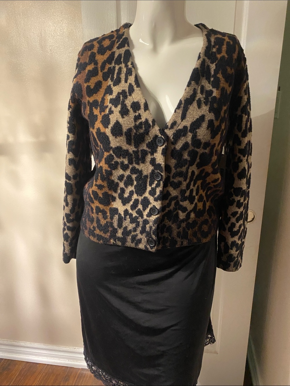 DKNY Leopard Print Button-Front Cardigan in Brown and Black S